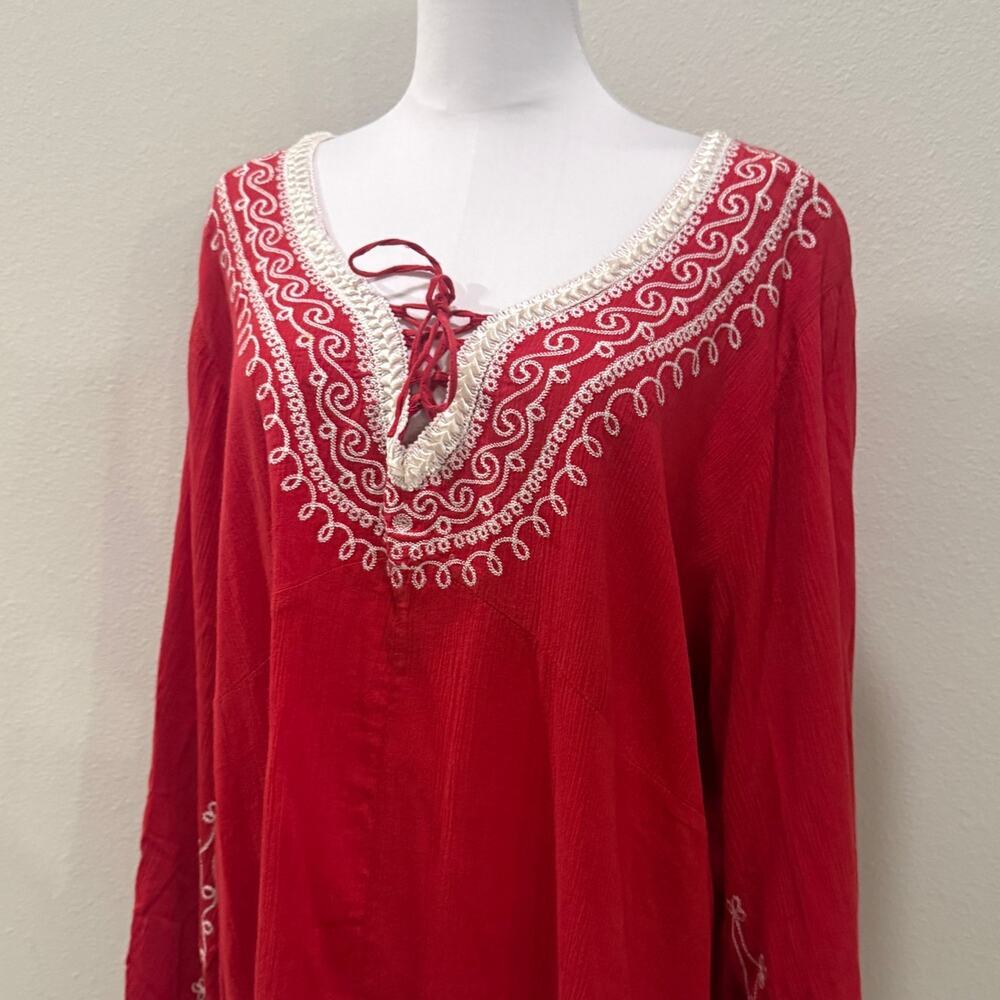 Boho Red White Embroidered Fringe Tunic Long Bell Sleeve Top Women 3x Resort - Picture 5 of 9